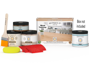 Retique It® Wood'n Finish Kit in White Oak for tabletops, featuring wood stain colors and application tools for furniture finishing.
