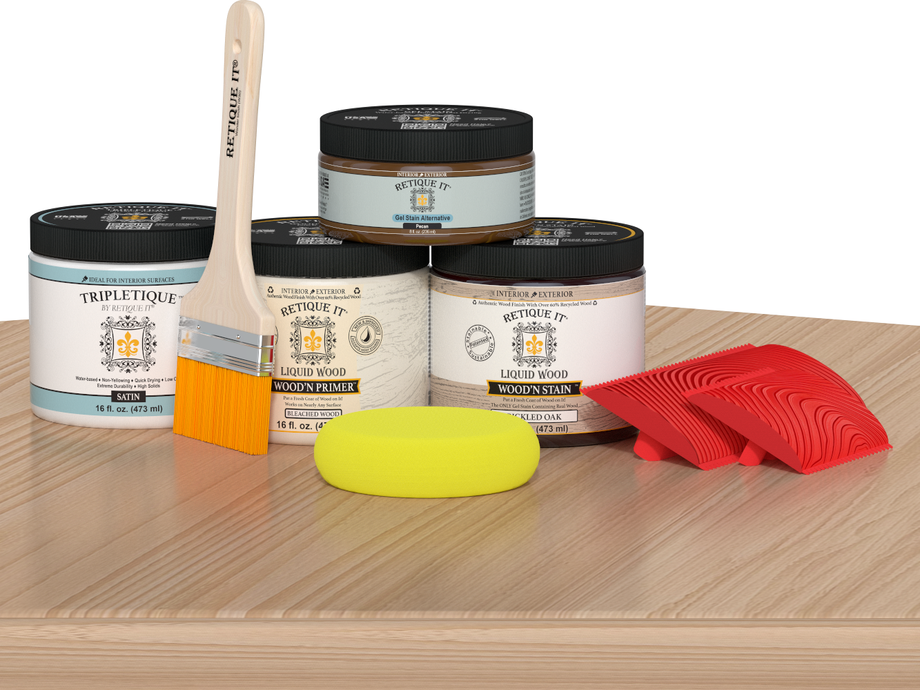 Multi-purpose Wood'n Kit in White Oak finish by Retique It® on a table, featuring interior top coat for wood finishing.