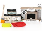 Retique It® Fireplace Wood'n Finish Kit in White Oak stain, showing a full fireplace with wood finish application and tools.
