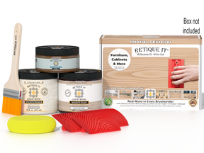 Multi-purpose Wood'n Kit in White Oak by Retique It® for wood finishing, featuring a box with various tools and products.