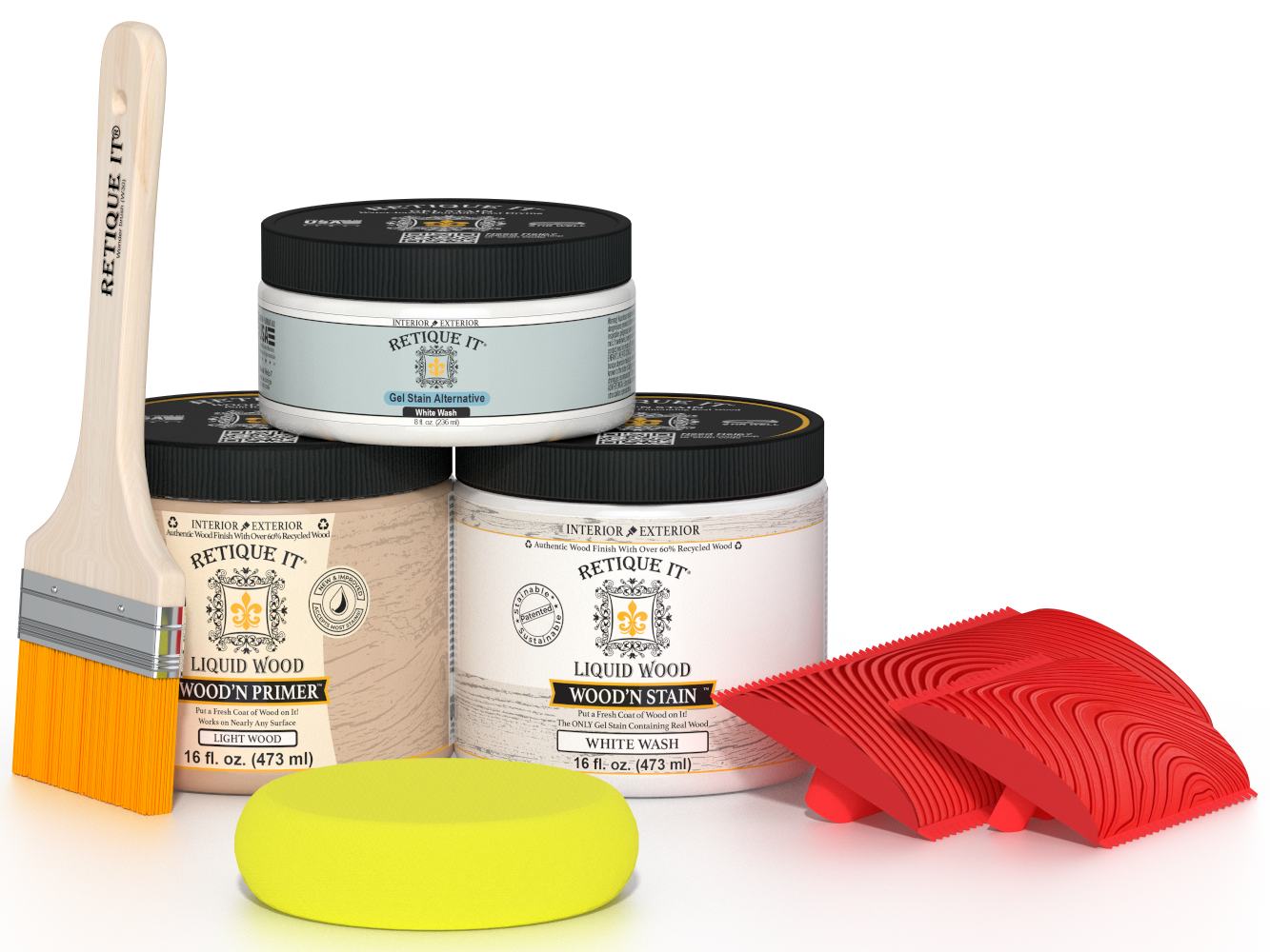 Retique It® Fireplace Wood'n Finish Kit in White Wash stain, full fireplace project with wood finish and staining tools.
