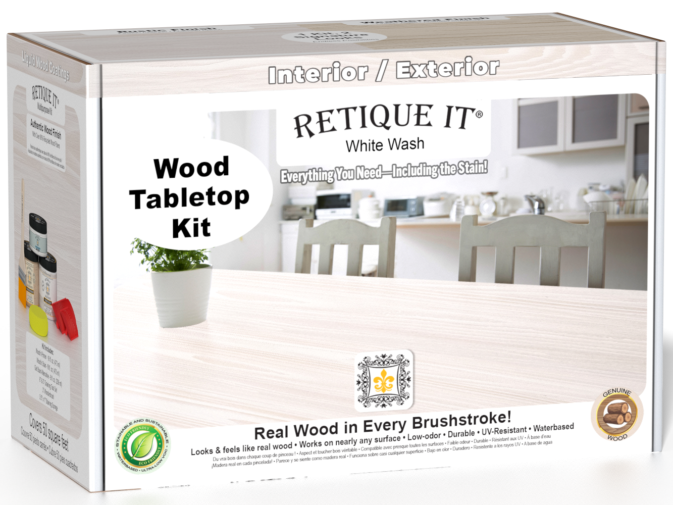 Retique It® Wood'n Finish Kit in white wash for tabletops, featuring stain bottles and applicator tools in a double-size set.