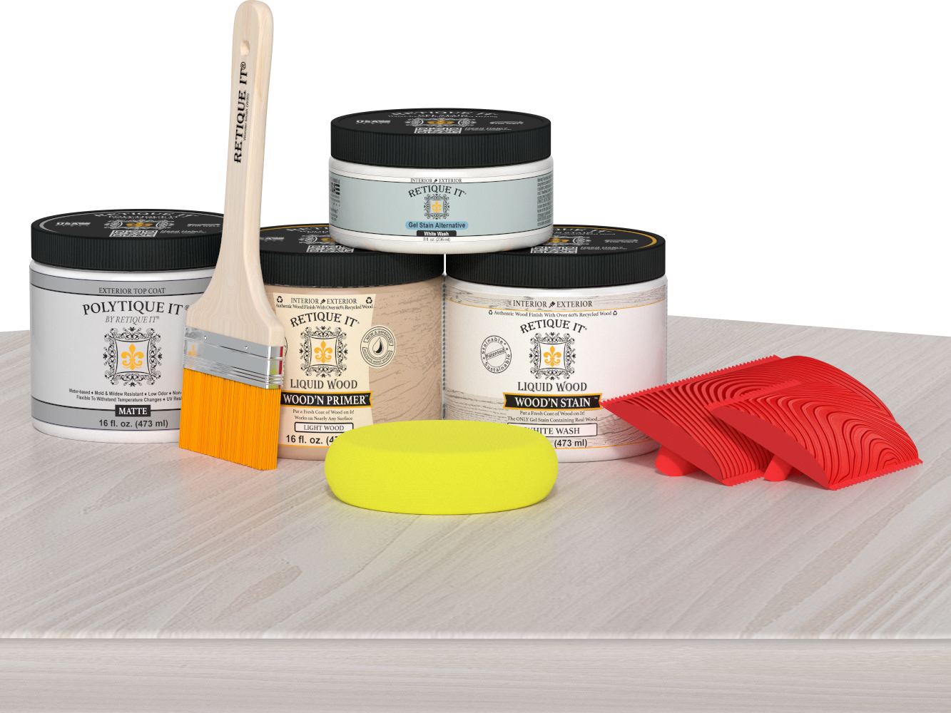 Retique It® Wood'n Finish Kit in White Wash, medium size, with exterior top coat and wood finish tools on a table.