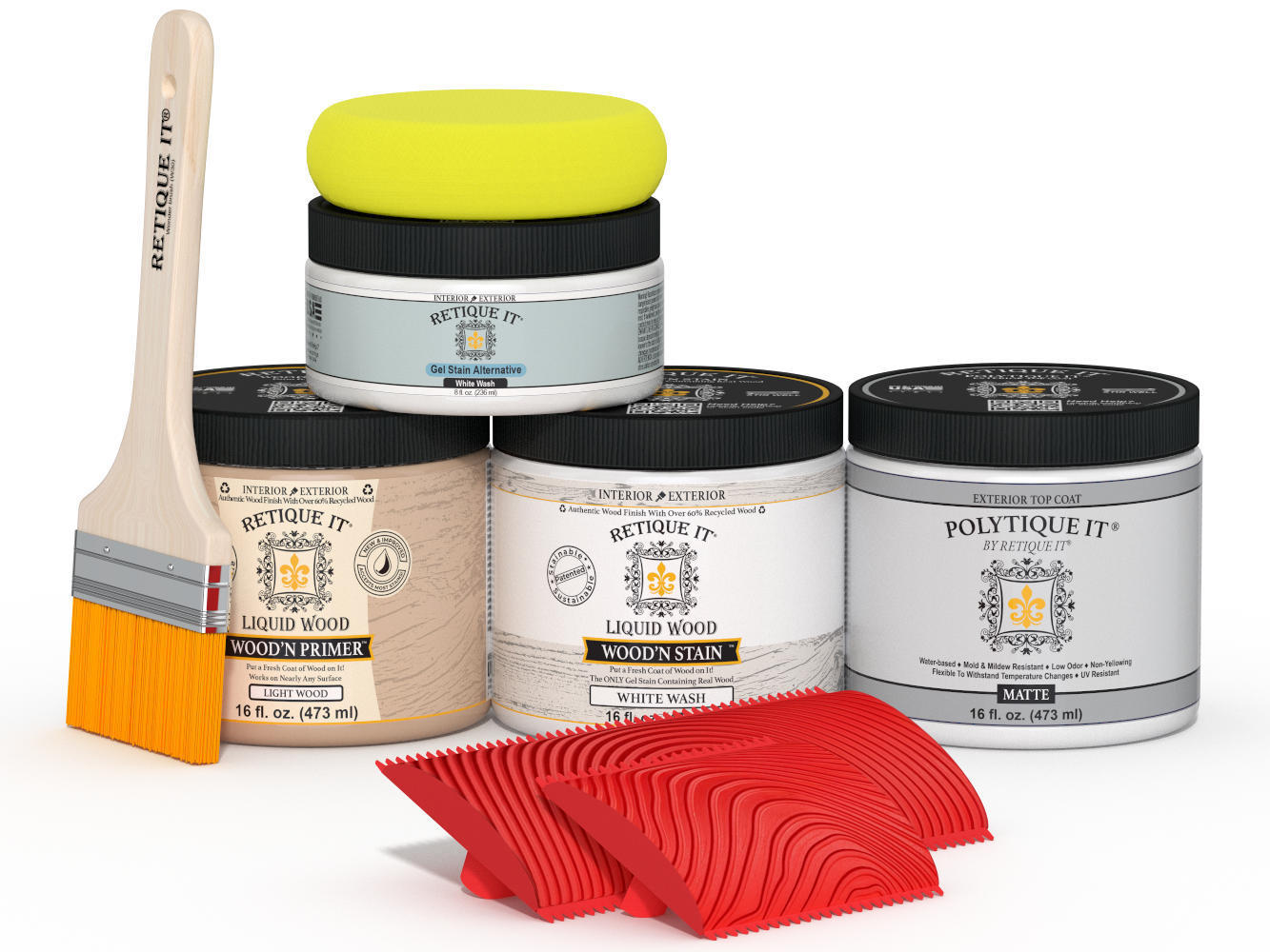 Retique It® Wood'n Finish Kit in White Wash, medium size, with exterior top coat for wood projects, shown in a colorful plate.