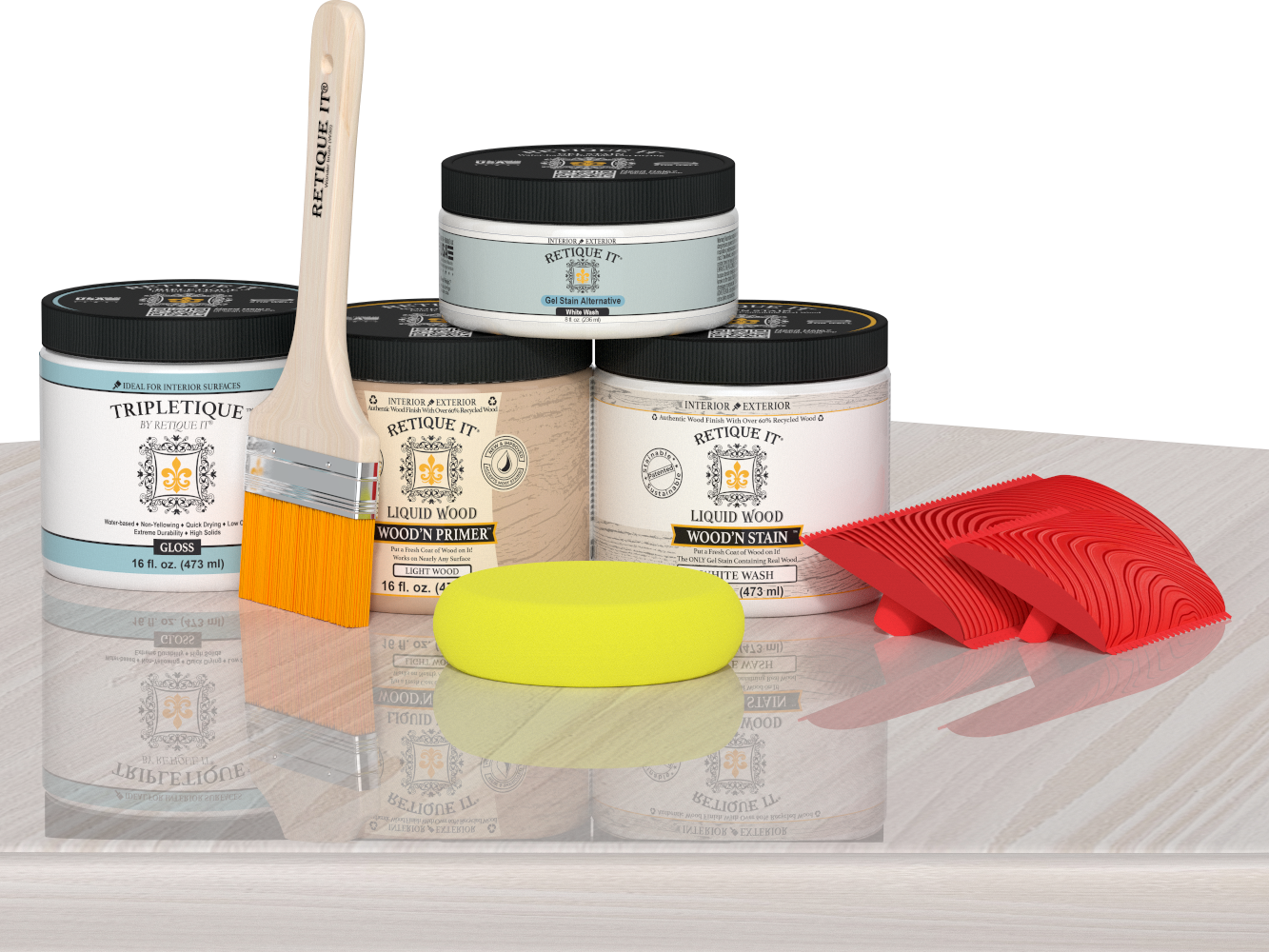 Retique It® Wood'n Finish Kit in White Wash for interior top coating, shown on table with wood sample and tools.