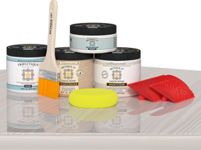 Retique It® white wash countertop kit for kitchen island, featuring stain application on a wooden surface.