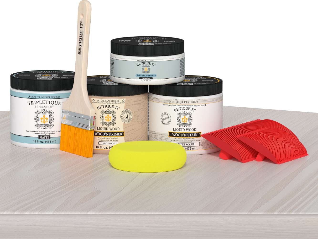 Retique It® Wood'n Finish Kit (Double Size) in White Wash stain on a table demonstrating the product application.