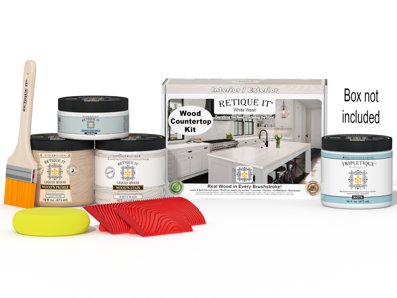 Retique It® White Wash countertop kit for kitchen islands, showing stained wood surface with a white wash finish.