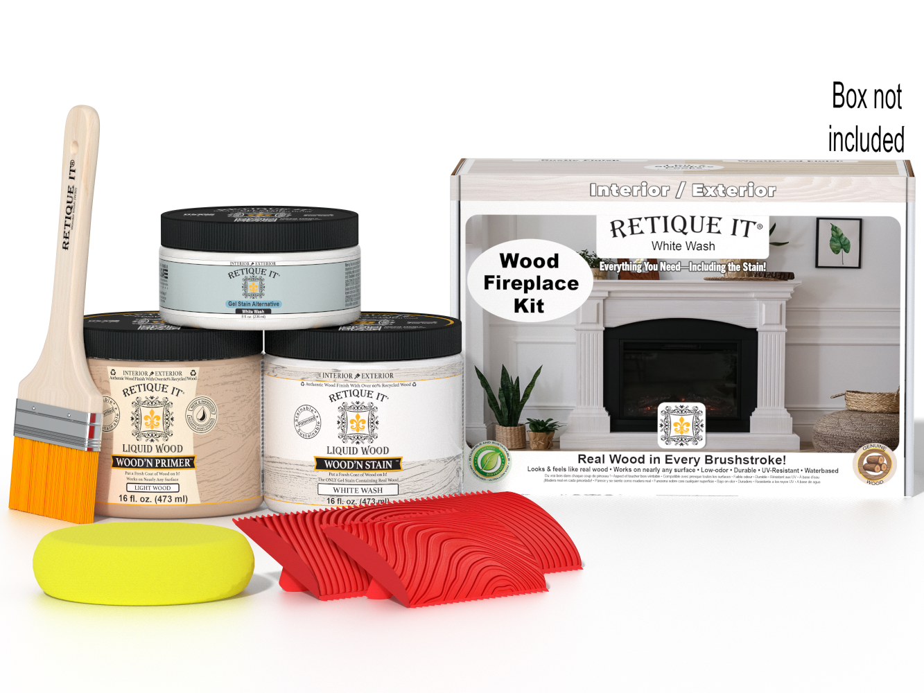 Retique It® Fireplace Wood'n Finish Kit in White Wash for full fireplace staining, includes stain and finishing supplies.