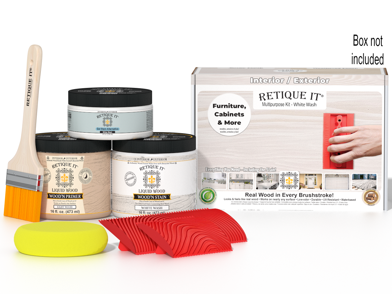 Retique It® Wood'n Finish Kit in White Wash, medium-sized multi-purpose kit for wood finishing projects, includes applicator tools.