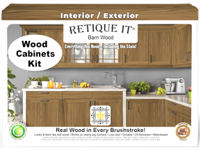 Retique It® Wood'n Cabinet Kit with 12 barn wood-grained doors, showcasing stained cabinet fronts in a natural wood finish.
