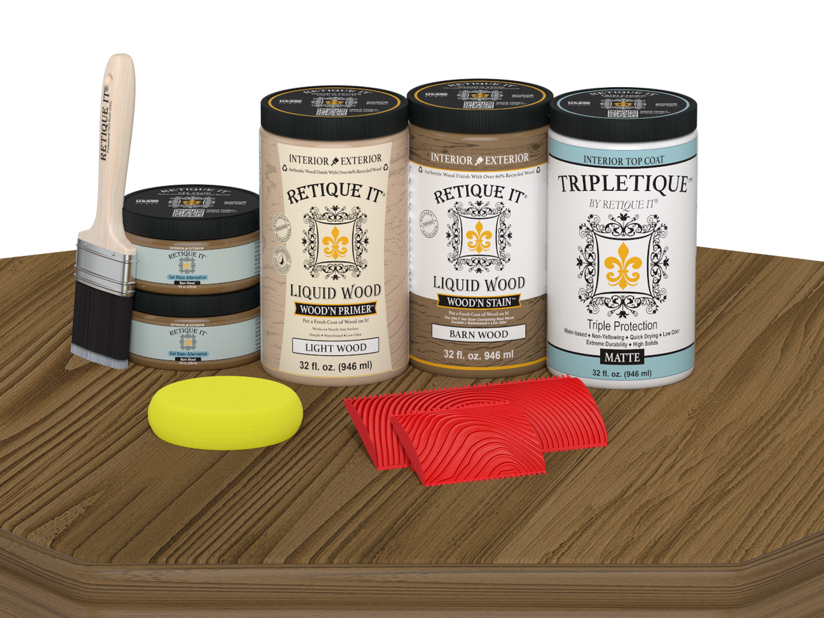 Retique It® Barn Wood countertop kit with matte stain, showing a full kitchen countertop surface in a rustic wood finish.