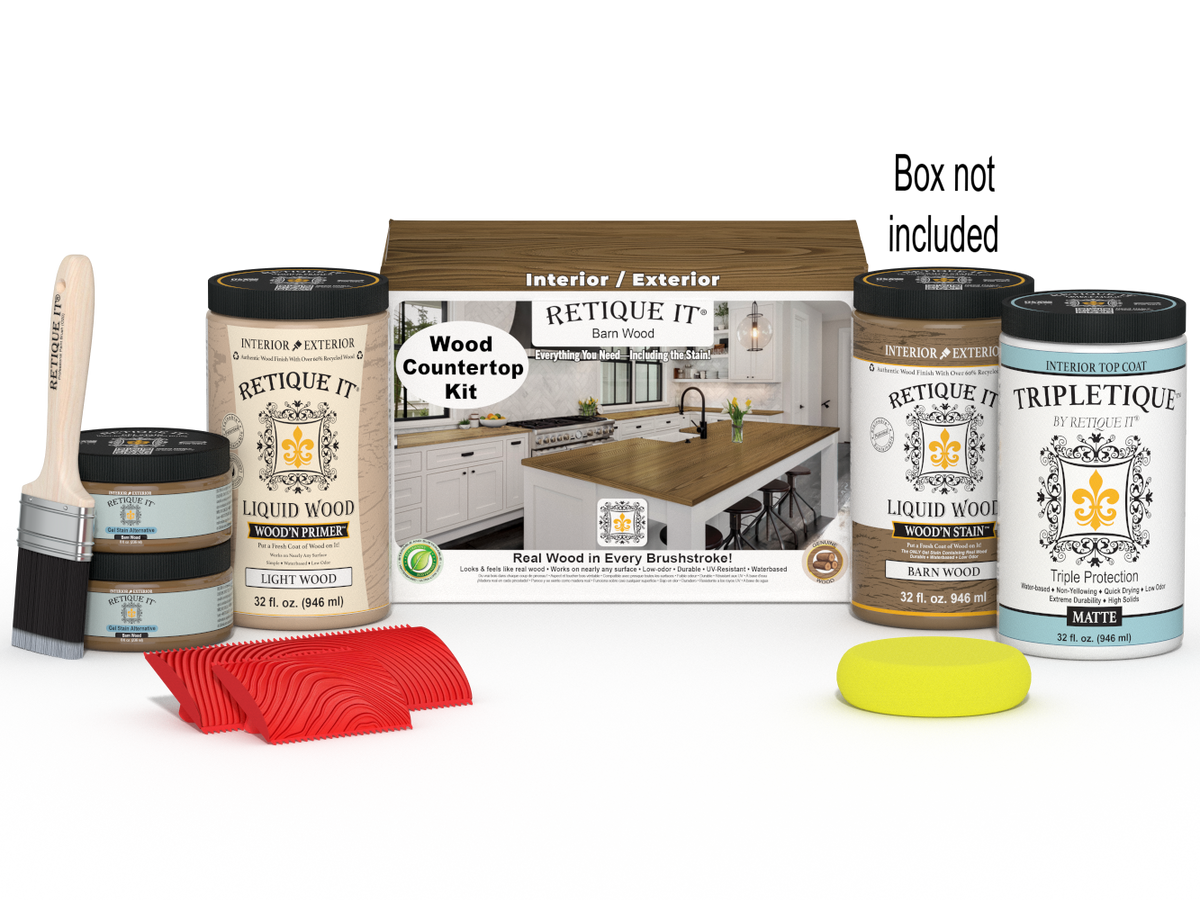 Retique It® Barn Wood countertop kit with stains, complete full kitchen setup, featuring wood grain and finishing details.