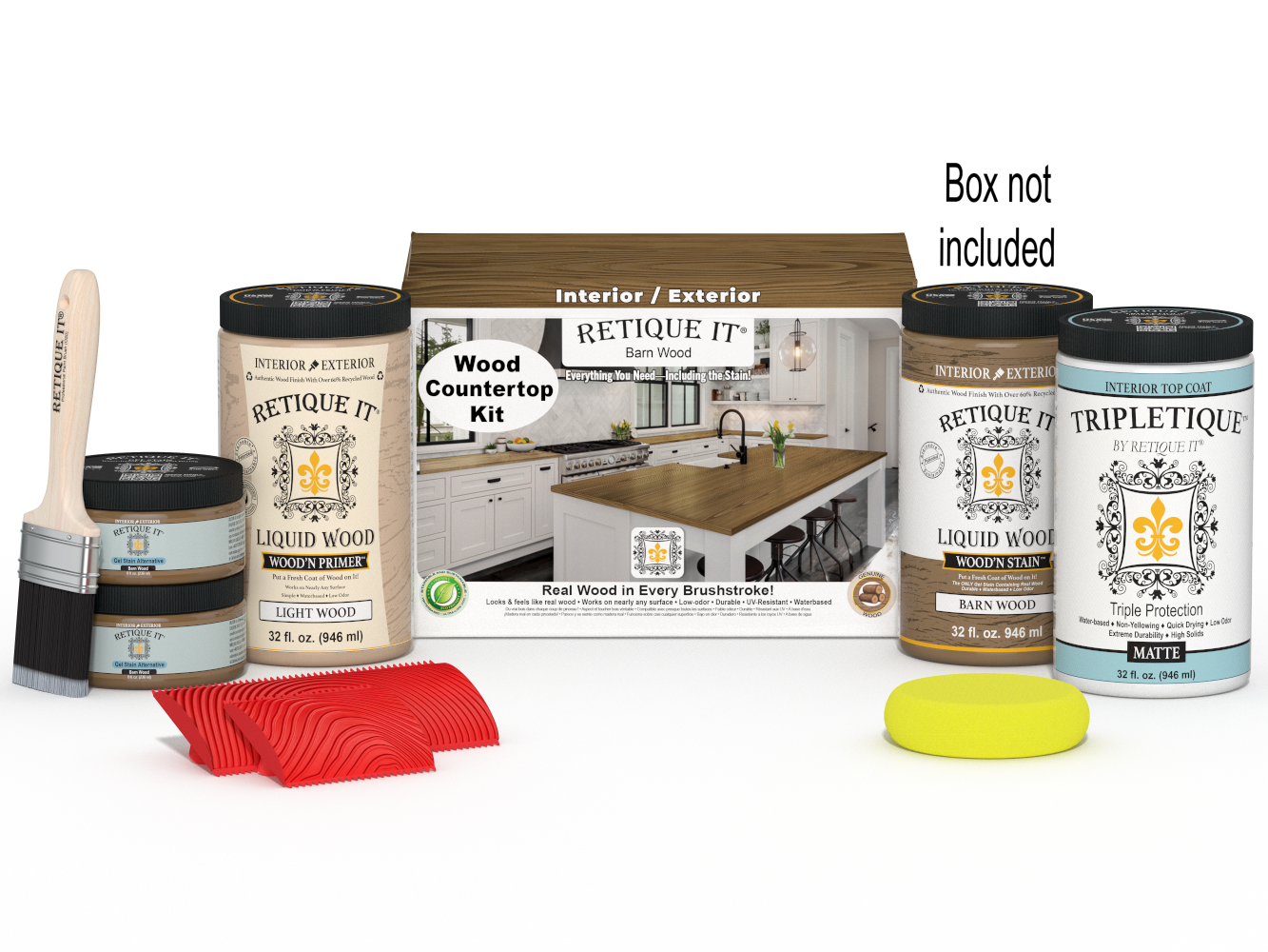 Retique It® Barn Wood countertop kit with stains, complete full kitchen setup, featuring wood grain and finishing details.