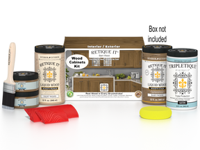 Retique It® Wood'n Cabinet Kit with 12 barn wood-stained cabinet doors, featuring a grained finish and stain application.