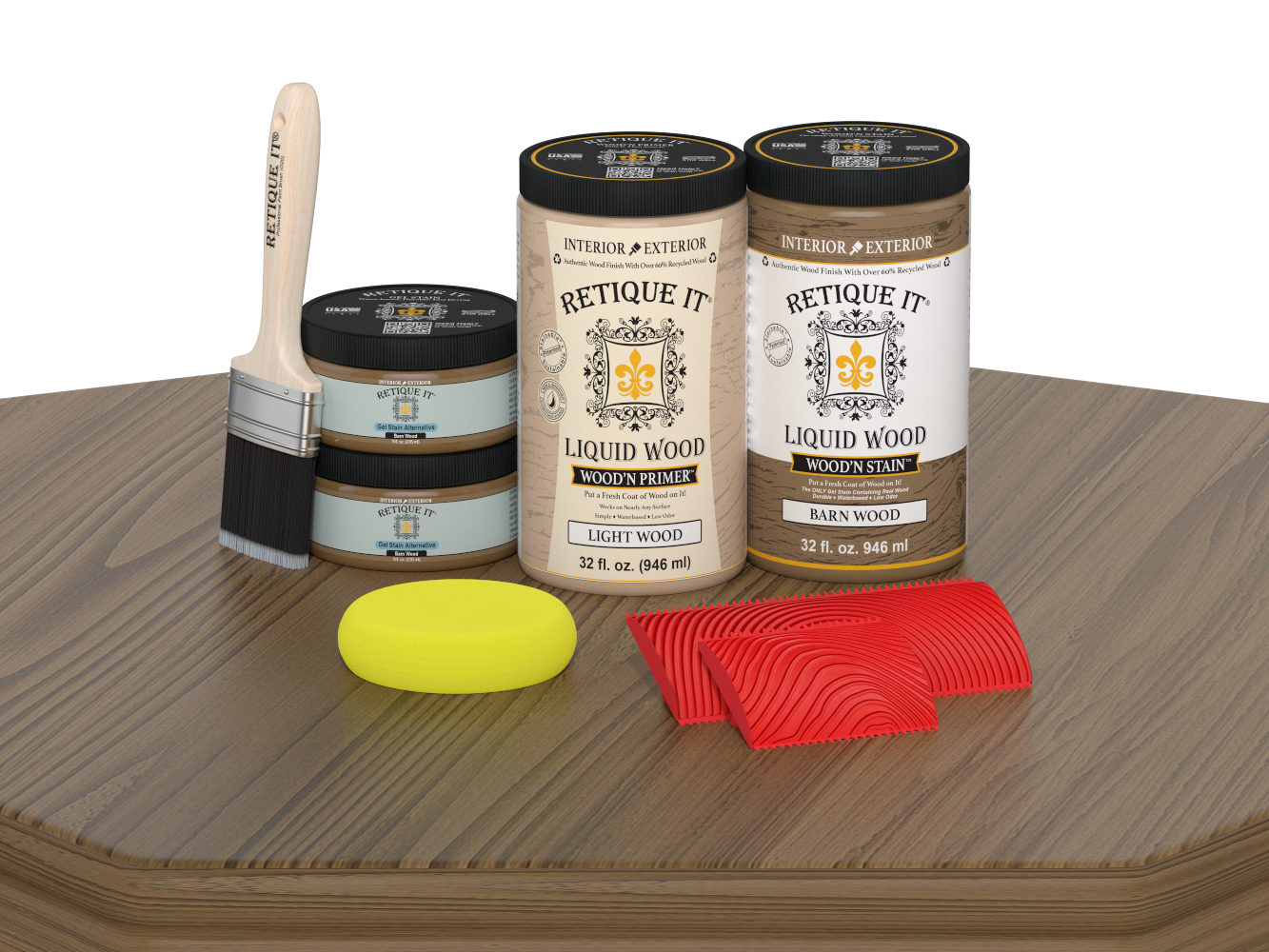 Retique It® Wood'n Cabinet Kit with 12 grained barn wood stains, featuring natural wood grain details on cabinet doors.