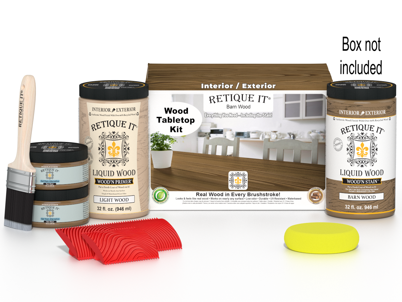 Retique It® Wood'n Finish Kit for tabletops, includes four large barn wood stain bottles, with a box showing the product.