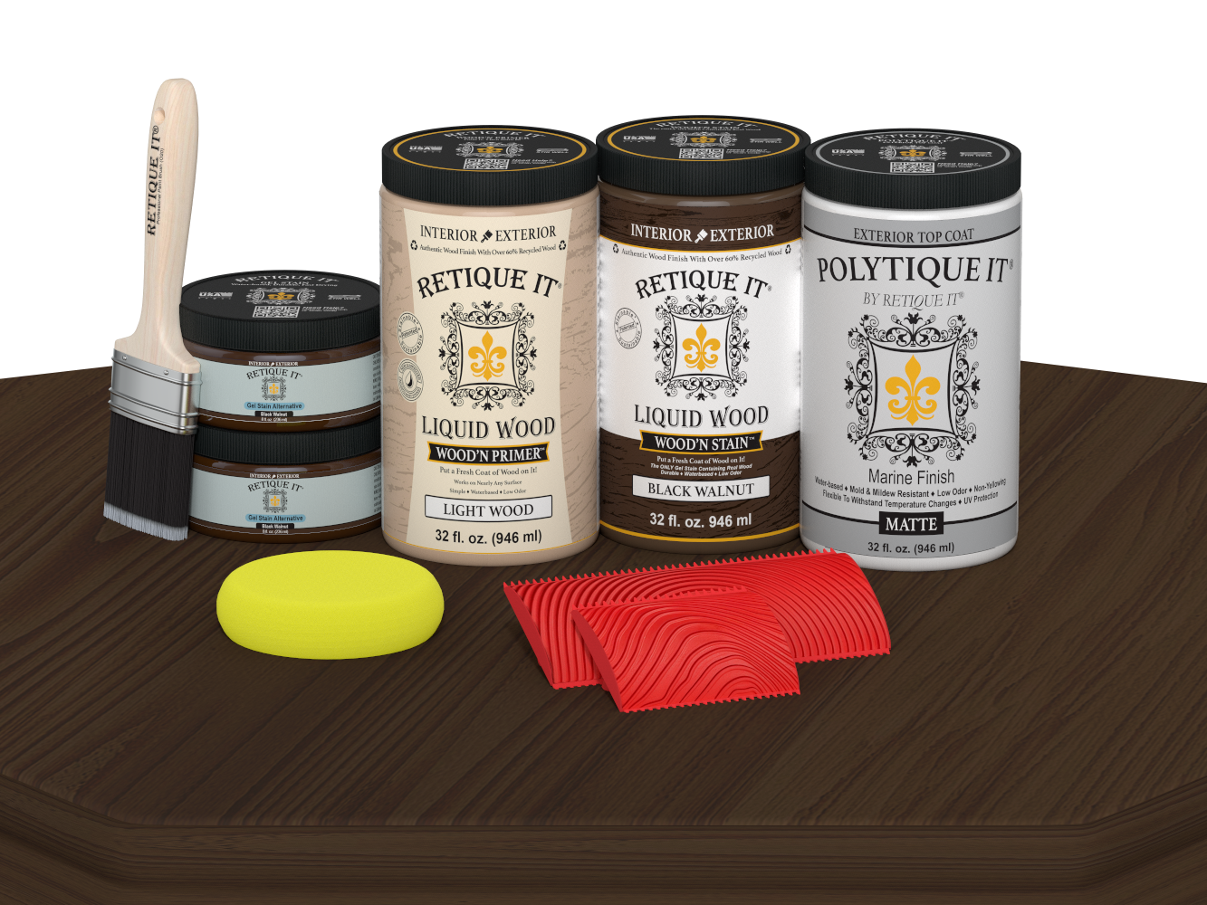 Retique It® Wood'n Finish double front door kit in Black Walnut stain with matte finish, displayed on a table.