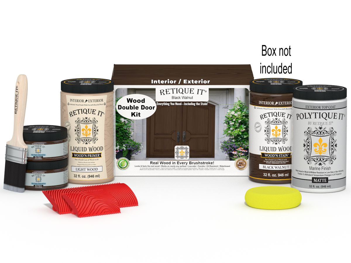 Retique It® Wood'n Finish double front door kit in black walnut stain, featuring natural wood grain and finished surface.