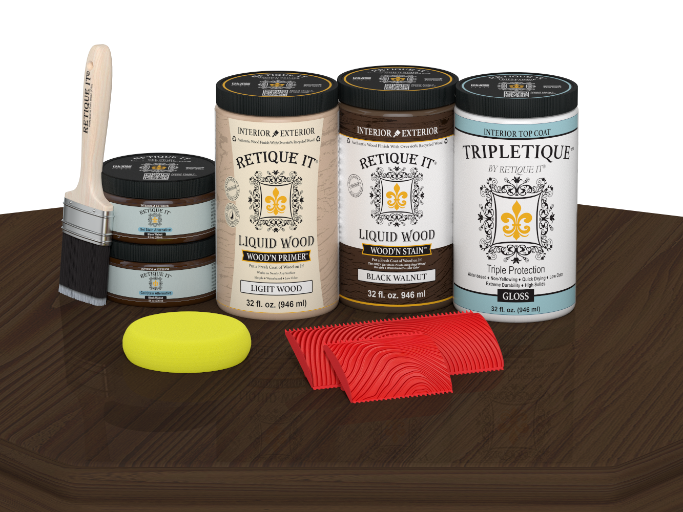 Retique It® black walnut countertop kit with gloss stain applied on a kitchen countertop, showcasing the rich wood finish.