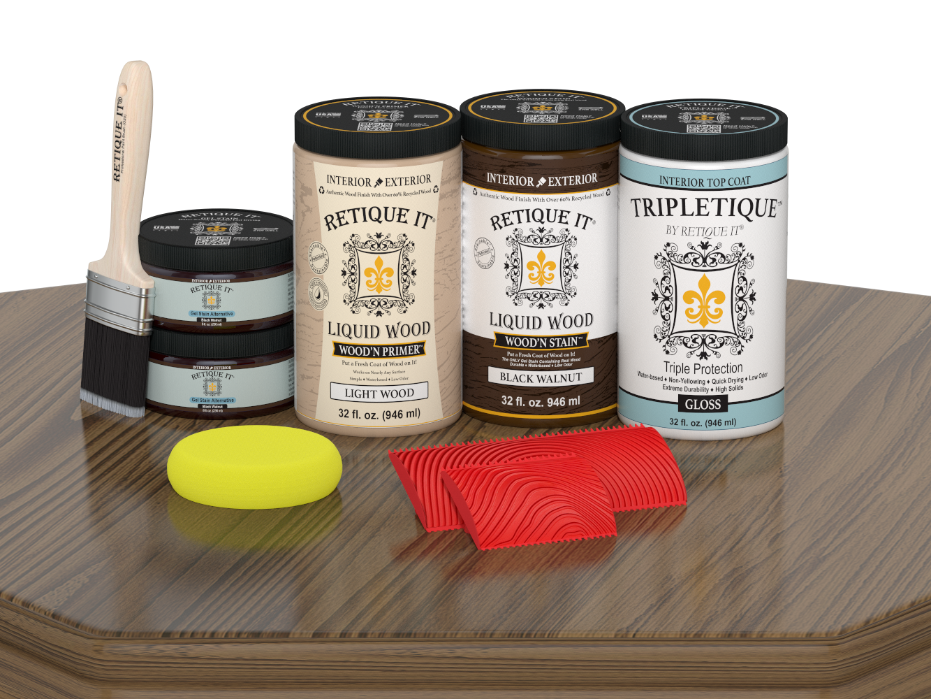 Large Black Walnut Wood'n Finish Kit by Retique It® for interior top coat, includes wood finish components and applicator tools.