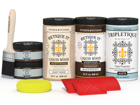 Retique It® Wood'n Finish Kit with four large black walnut stain bottles for wood furniture restoration and finishing.