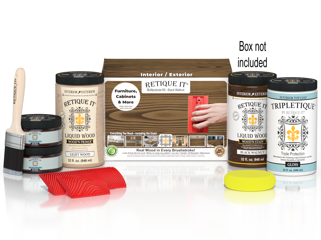 Large Black Walnut Wood'n Finish Kit by Retique It® with interior top coat and applicator brush in a box.