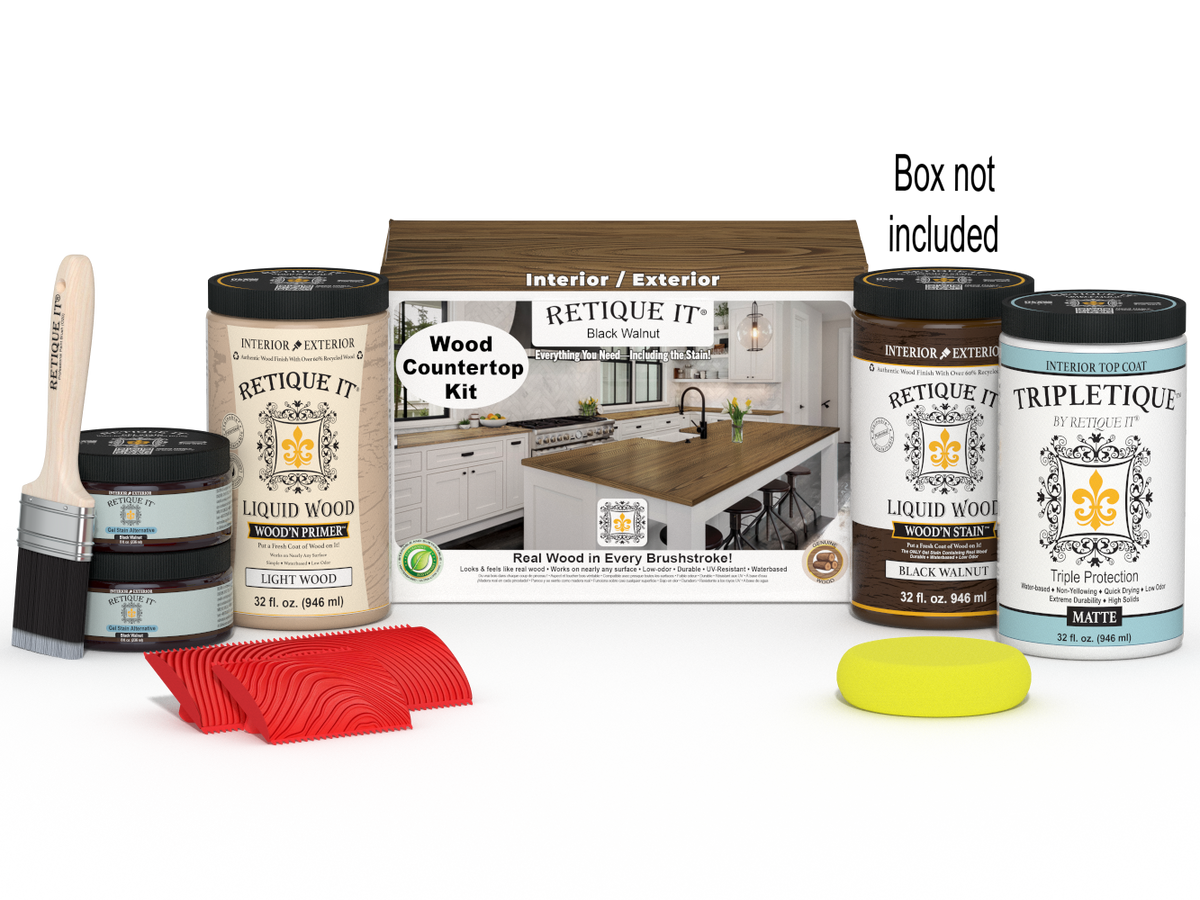 Retique It® black walnut countertop kit with stains, including a box of materials for full kitchen countertop renovation.