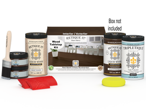 Retique It® Wood'n Finish Kit with four large black walnut stain bottles and applicator box for tabletop wood finishing.