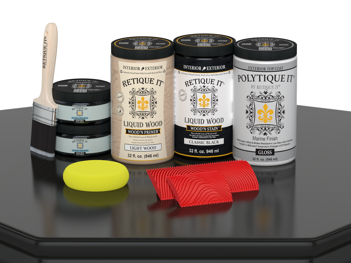 Large Black Wood'n Finish Kit by Retique It® with glossy exterior top coat, includes wood finish supplies and application tools.