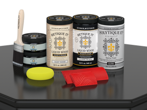 Large Black Wood'n Finish Kit by Retique It® with glossy exterior top coat, includes wood finish supplies and application tools.