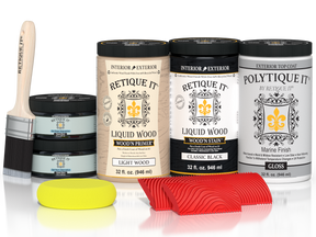 Large Black Wood'n Kit by Retique It® for exterior wood finishing, includes top coat and application tools in a glossy finish.