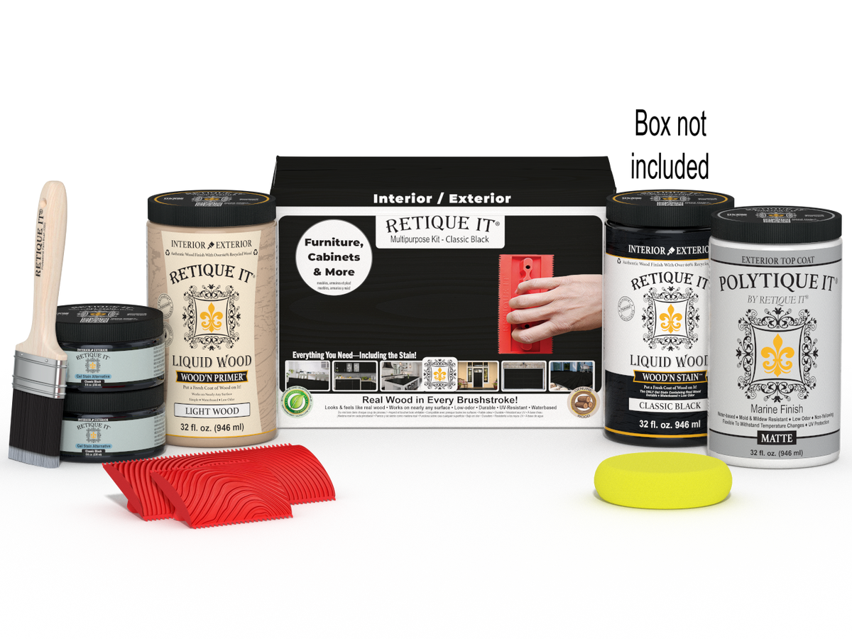Large Black Wood'n Finish Kit by Retique It® with exterior top coat, including brushes and accessories for wood finishing projects.