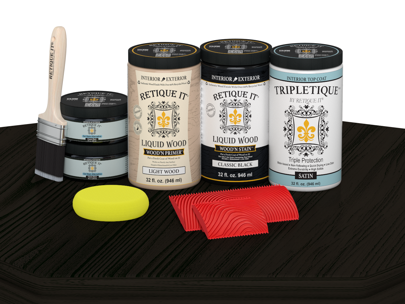 Retique It Wood'n Finish Kit with four large black stain bottles and satin finish on a table surface.