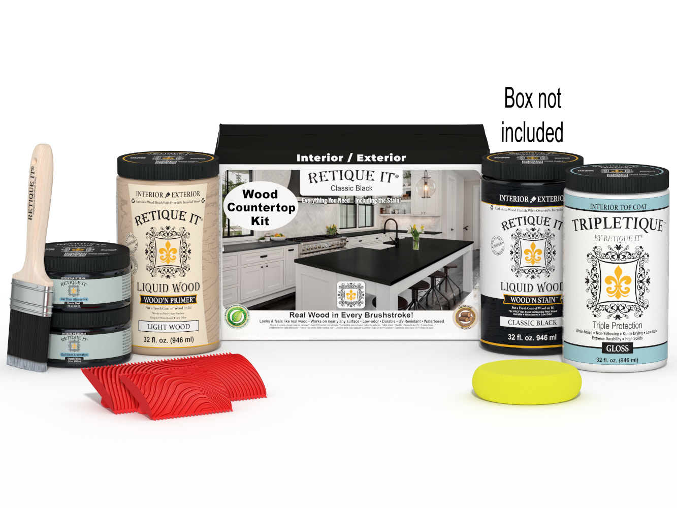 Retique It® full kitchen countertop kit in classic black stain with tools and supplies for DIY countertop renovation.
