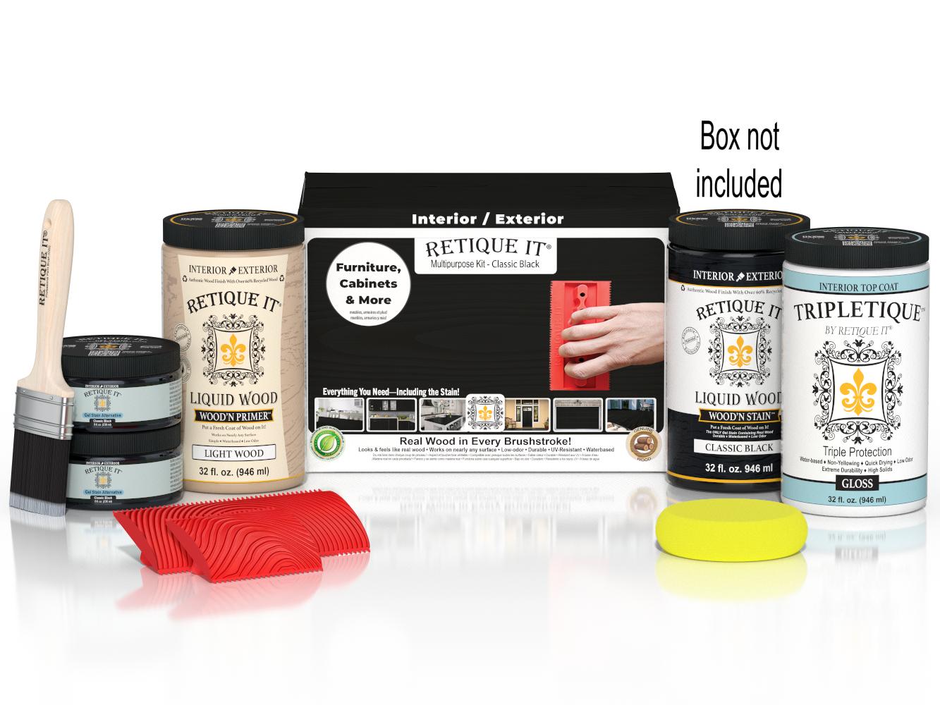 Large Black Wood'n Finish Kit by Retique It® with interior top coat, includes brushes and finishing tools in a box.
