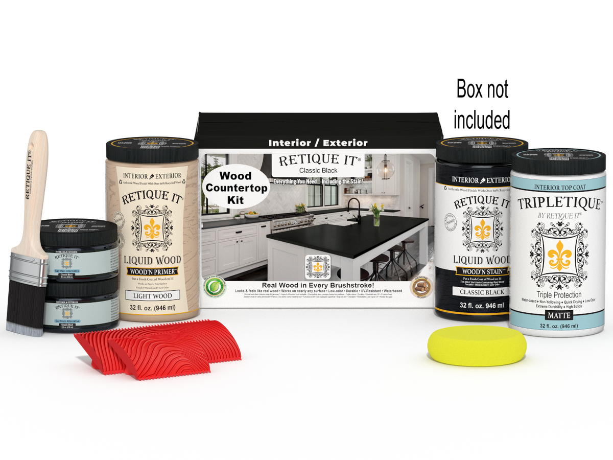 Retique It® full kitchen countertop kit in classic black stain, shown with application box and tools.