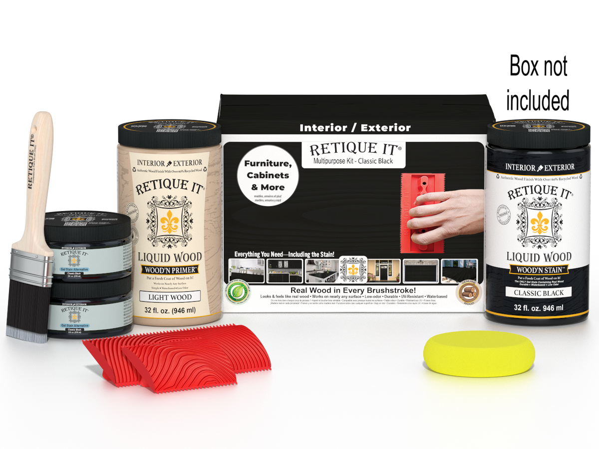 Large black Wood'n Finish Kit by Retique It® with brushes and supplies for wood finishing projects.
