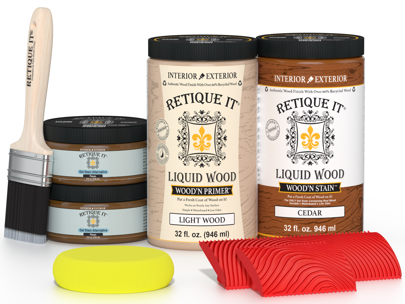 Retique It® Wood'n Cabinet Kit with 12 cedar-grained door stains, showcasing natural wood grain and rich cedar color.