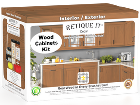 Retique It Wood'n Cabinet Kit with 12 cedar-grained doors, stain for wood cabinets, natural wood appearance for home interiors.