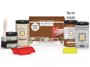 Large Cedar Wood'n Finish Kit by Retique It® with exterior top coat, includes wood treatment products and applicator tools.