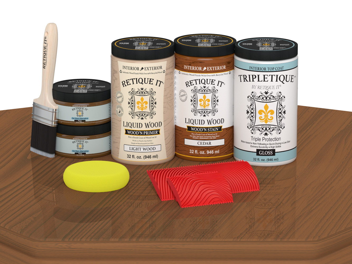 Retique It® Wood'n Cabinet Kit with 12 cedar-grained doors in glossy stain, designed for cabinetry and furniture projects.