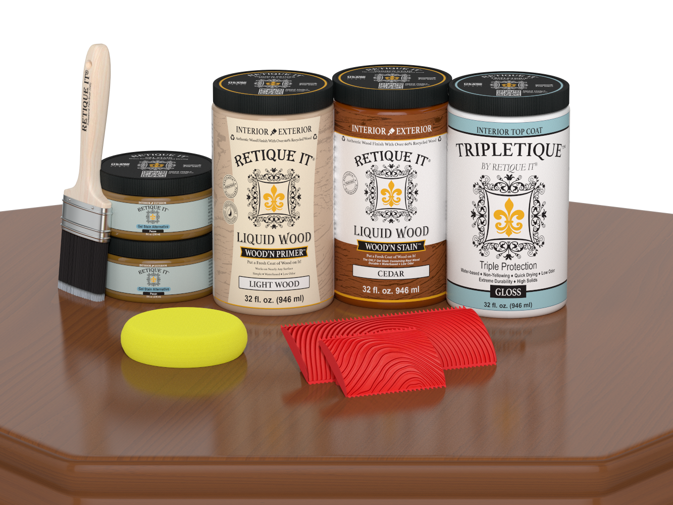 Large Cedar Wood'n Finish Kit by Retique It® for interior top coating, includes multi-purpose wood finish and gloss application on a table.