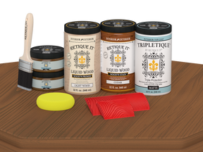 Retique It® Wood'n Cabinet Kit with 12 cedar-grained doors in matte stain, displayed on a table.