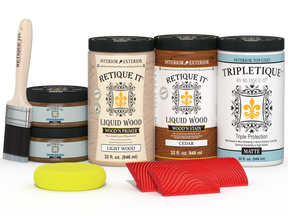 Retique It® Wood'n Finish Kit in Cedar, 4-piece tabletop stain set with matte finish, includes stain bottles and accessories.