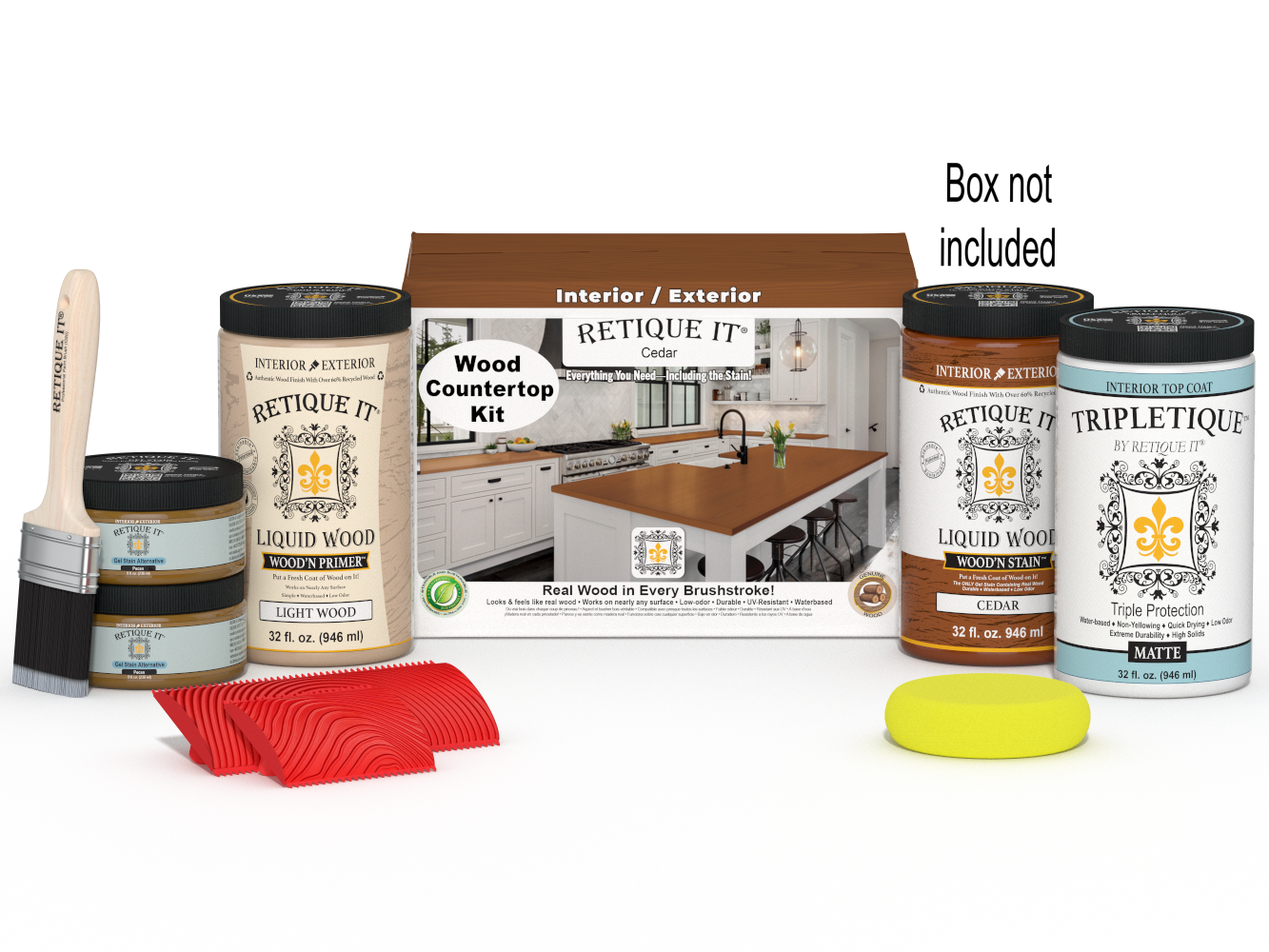 Retique It® Cedar countertop kit with stains, featuring a full kitchen setup and a box of stain products for wood surfaces.