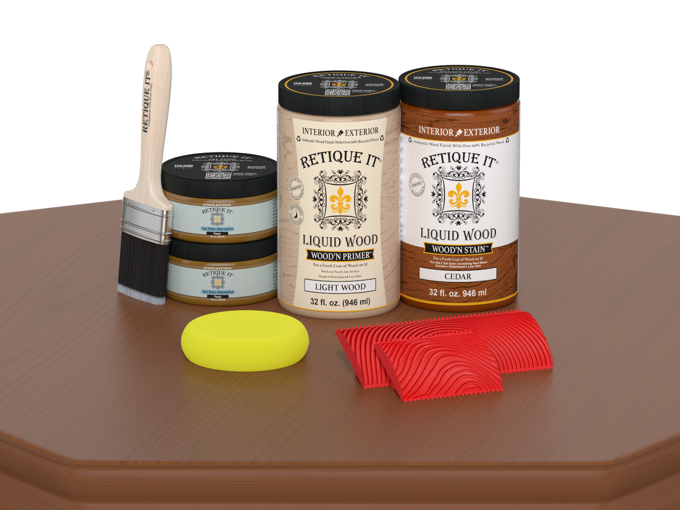 Large Cedar Wood'n Finish Kit by Retique It® with wood samples and application tools for multi-purpose wood finishing projects.