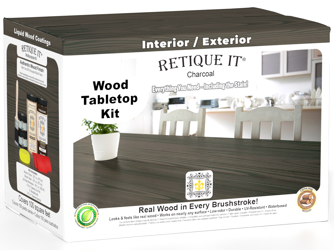 Retique It® Wood'n Finish Kit with four large charcoal stain bottles for wood finishing projects on a tabletop.