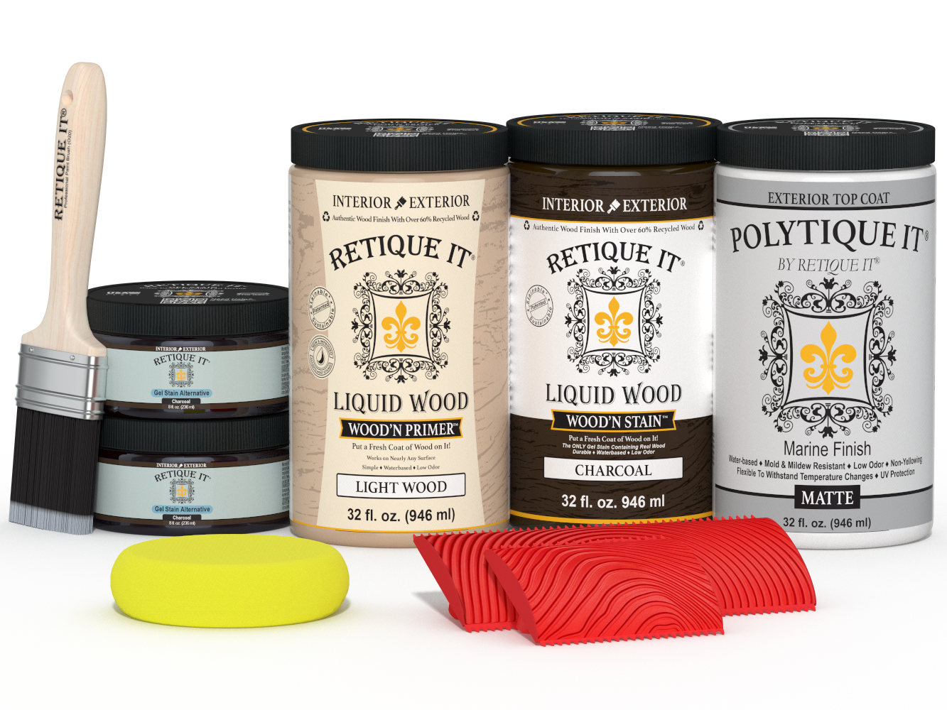 Large Charcoal Wood'n Finish Kit by Retique It® with matte exterior top coat and multi-purpose wood finishing tools.