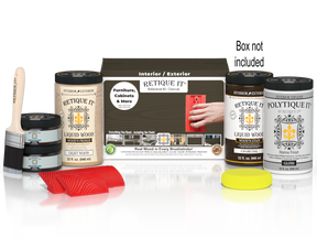 Large Charcoal Wood'n Kit by Retique It® for exterior top coating, includes wood finish and application tools.